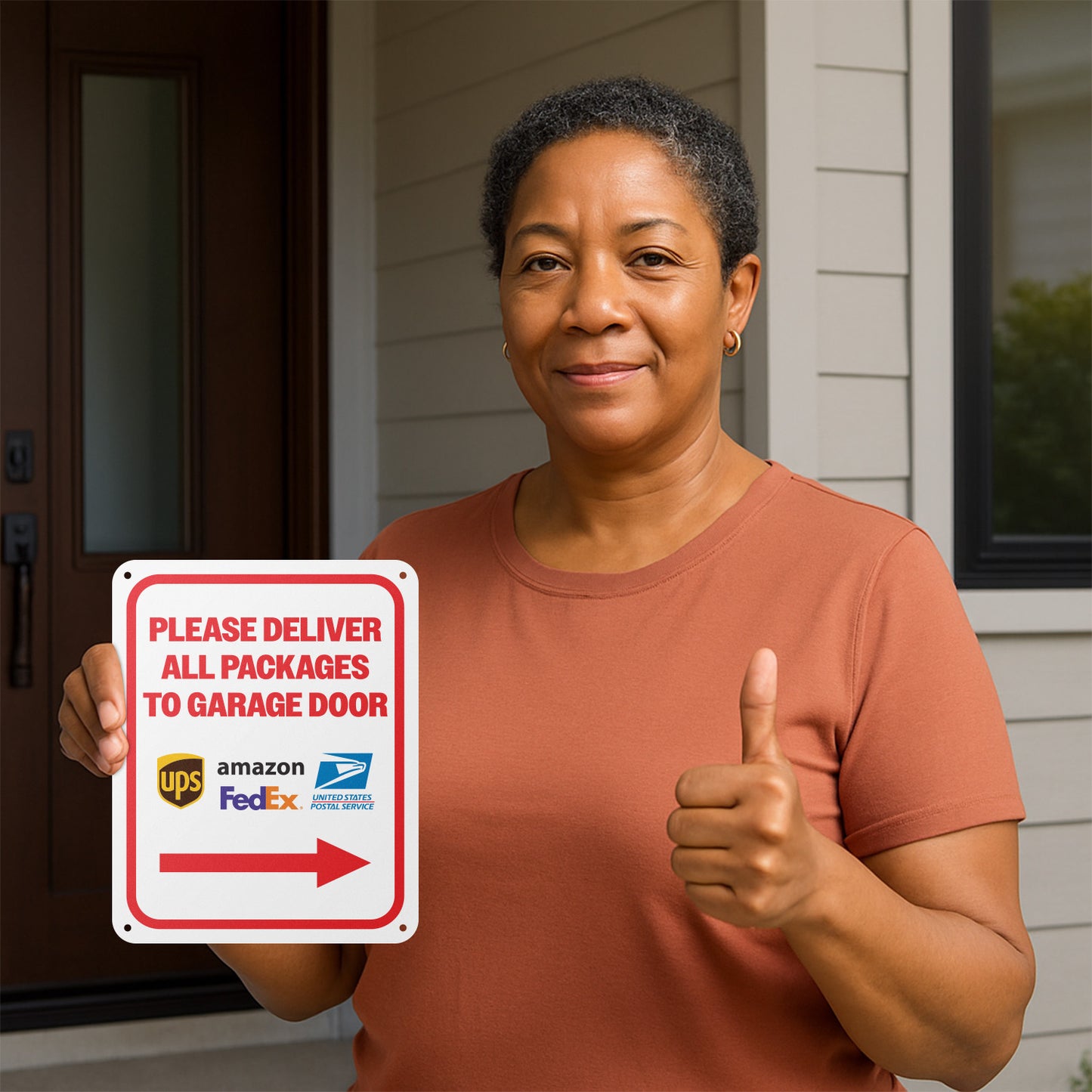 8 x 10in Aluminum Sign: Please Deliver All Packages to Garage Door (Right Arrow)