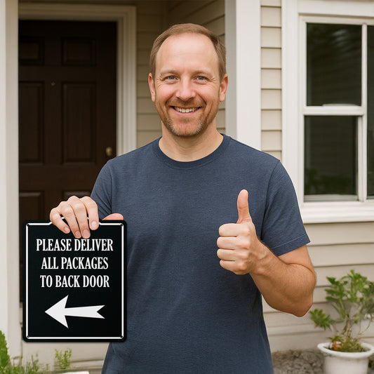 8 x 10in Aluminum Sign: Please Deliver All Packages to Back Door (Left Arrow)