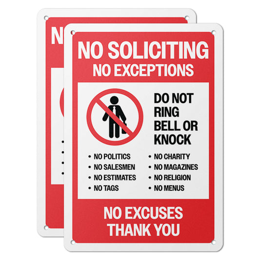 7 x 10in Aluminum Sign: No Soliciting No Exceptions Warning
