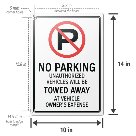 10 x 14in Aluminum Sign: No Parking Unauthorized Vehicles Towed (Corner Mount)