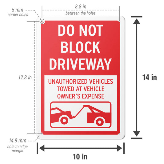 10 x 14in Street Aluminum Signs: Do Not Block Driveway Red Warning (Corner Mount)
