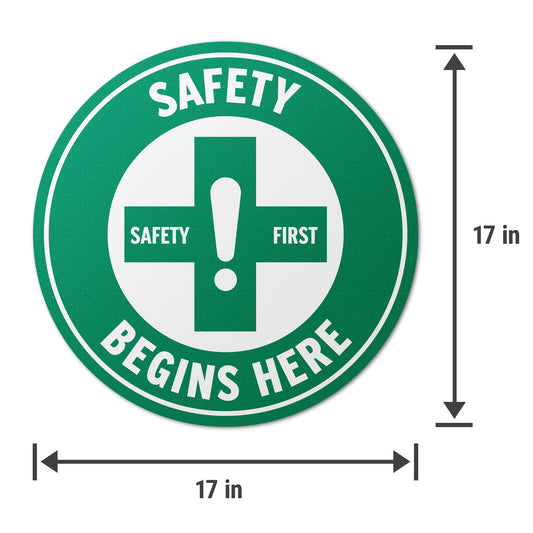 17 x 17in Floor Decals: Safety Begins Here Sign (2-Pack)