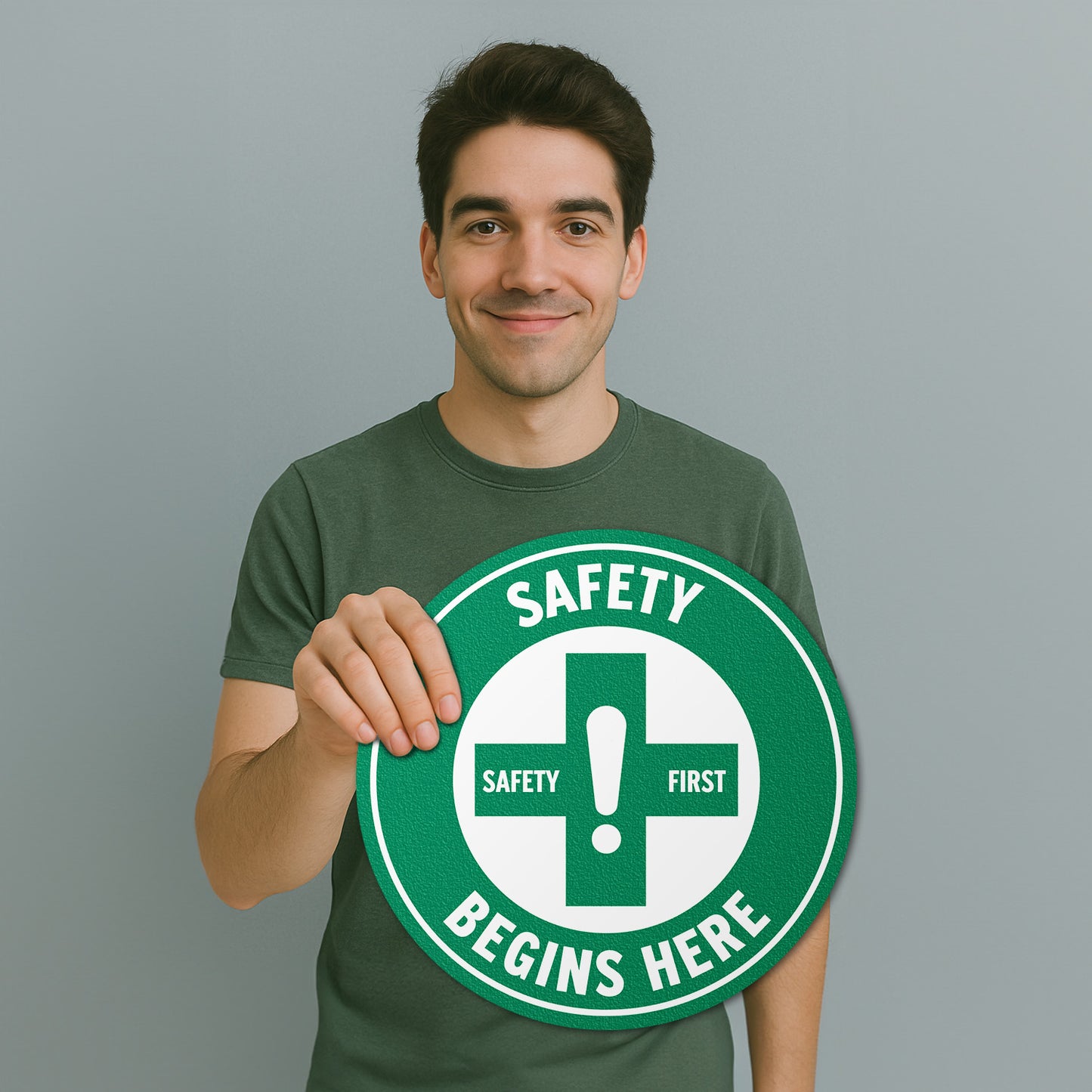 17 x 17in Floor Decals: Safety Begins Here Sign (2-Pack)
