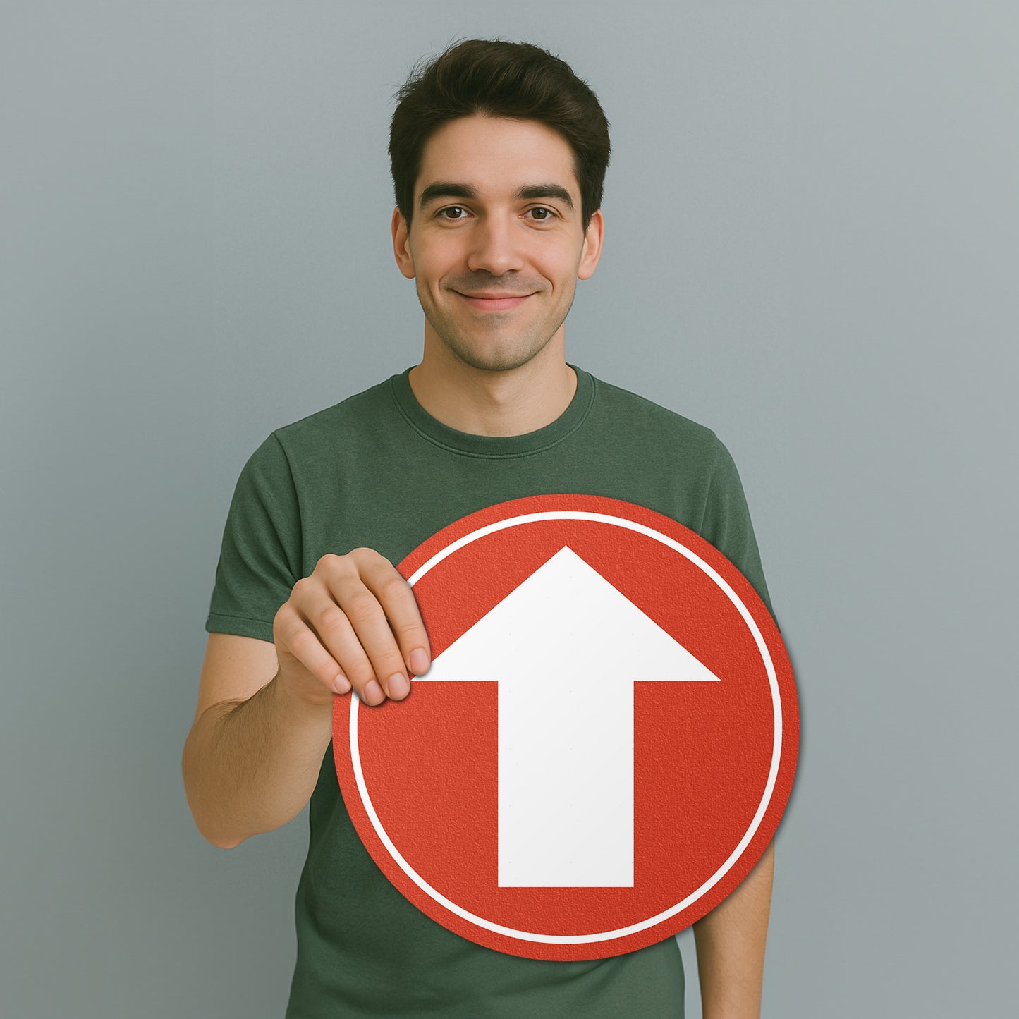 17 x 17in Floor Sticker: Red & White Directional Arrow Sign (2-Pack)