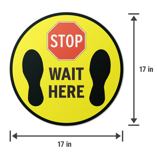 17 x 17in Floor Sticker: Stop Wait Here Yellow Sign (2-Pack)