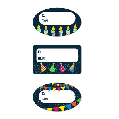 2.5 x 1.5in Stickers: Black Birthday Gift Tag Labels 3 Designs