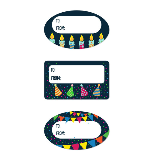 2.5 x 1.5in Stickers: Black Birthday Gift Tag Labels 3 Designs