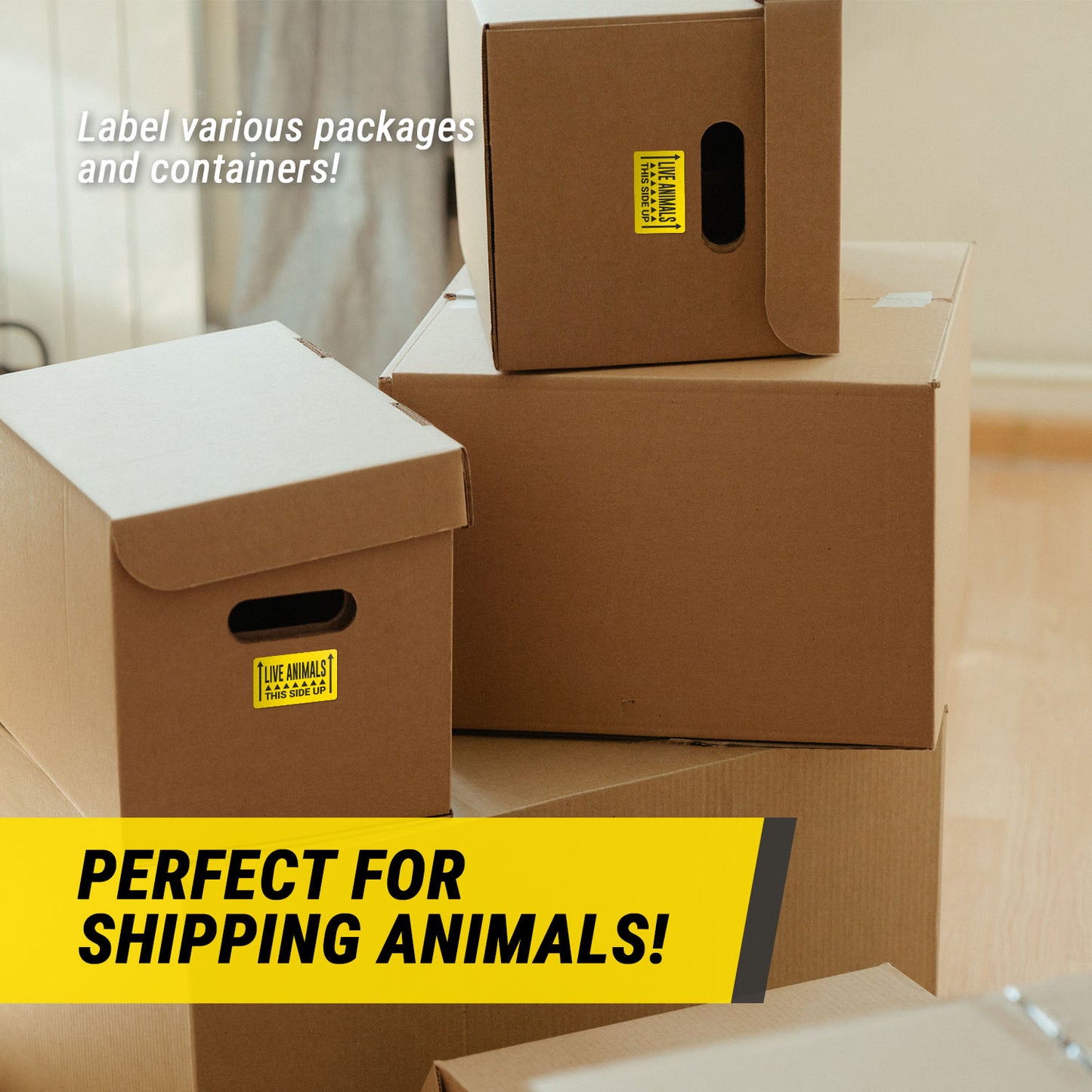3 x 2in Stickers: Live Animals This Side Up Shipping Labels (Yellow)