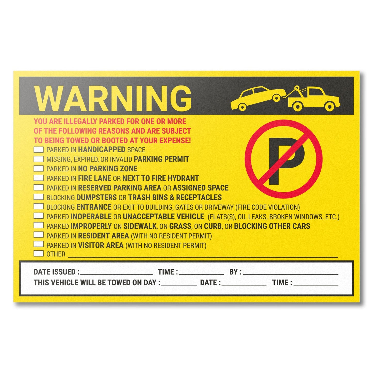 9 x 6in Stickers: Warning You Are Illegally Parked Parking Violation Labels
