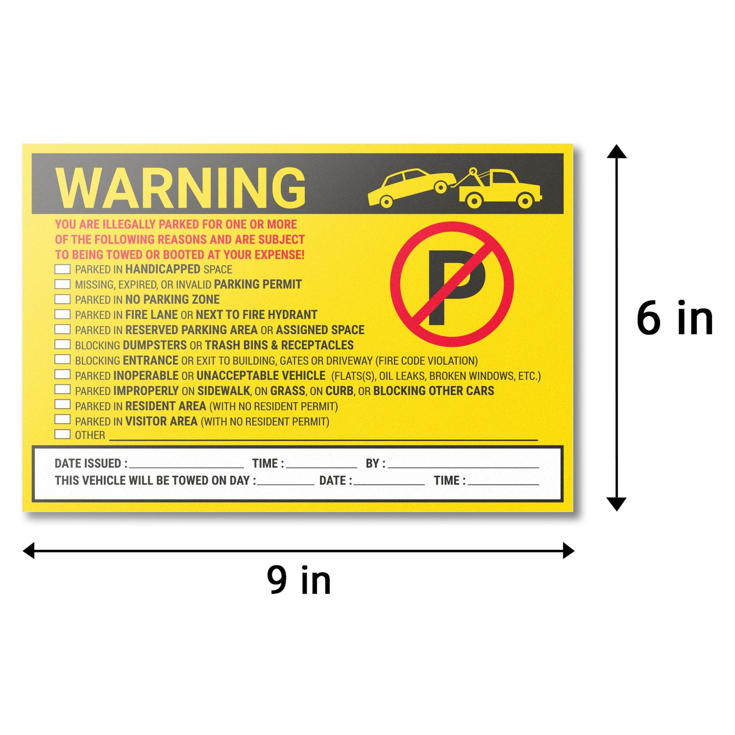 9 x 6in Stickers: Warning You Are Illegally Parked Parking Violation Labels