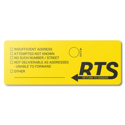 4 x 1.5in Stickers: RTS Return to Sender Shipping Labels