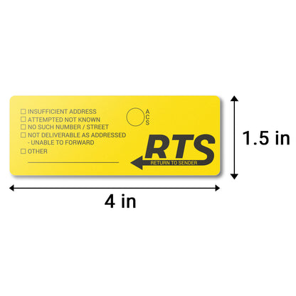 4 x 1.5in Stickers: RTS Return to Sender Shipping Labels