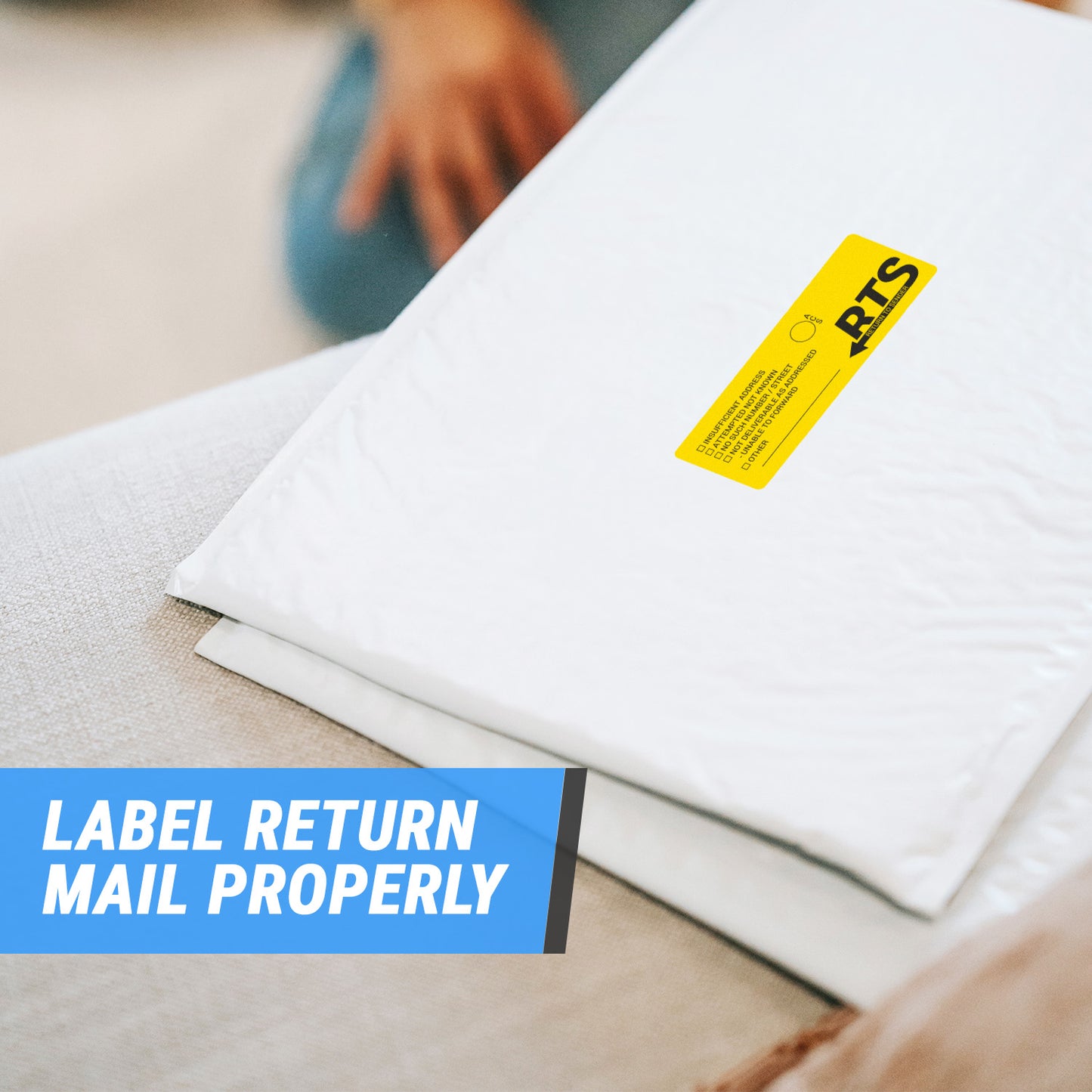 4 x 1.5in Stickers: RTS Return to Sender Shipping Labels
