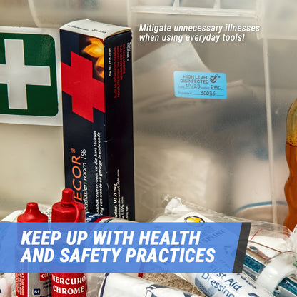 1.5 x 0.75in Stickers: Sanitized High-Level Disinfected Labels