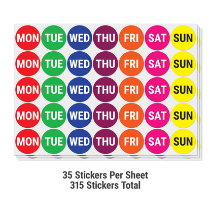 1in Monday to Sunday Labels Multi-Colored (Sheet)