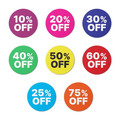 1in Stickers: Retail Discount Labels 10 Percent to 75 Percent Off (320 pcs)
