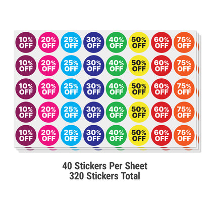 1in Stickers: Retail Discount Labels 10 Percent to 75 Percent Off (320 pcs)