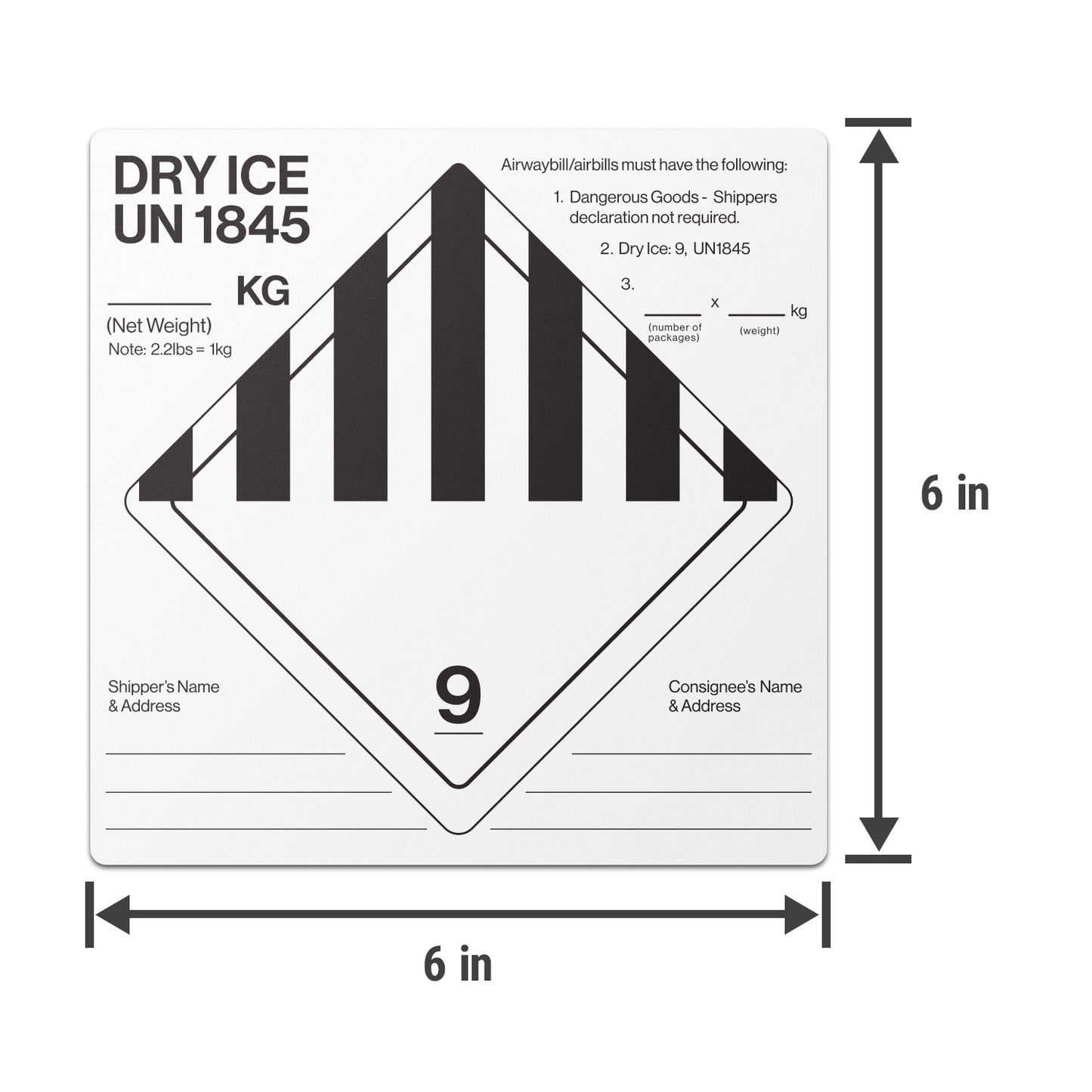 6 x 6in Shipping Labels: Dry Ice UN 1845 Stickers (600 pcs)