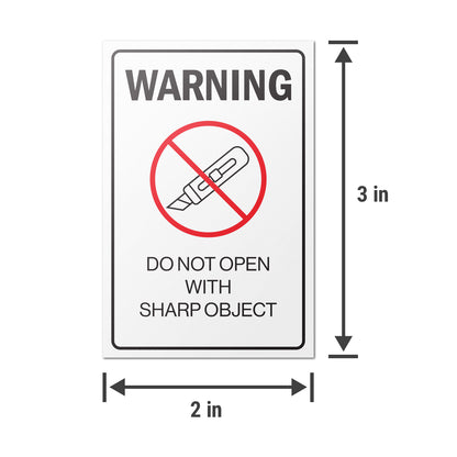 2 x 3in Warning Stickers: Do Not Open with Sharp Object Labels (600 pcs)