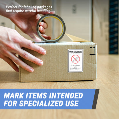 2 x 3in Warning Stickers: Do Not Open with Sharp Object Labels (600 pcs)
