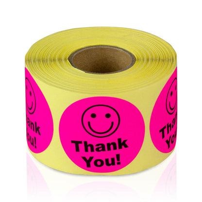 1.5in Stickers: Thank You Smiley Face Labels (Pink)