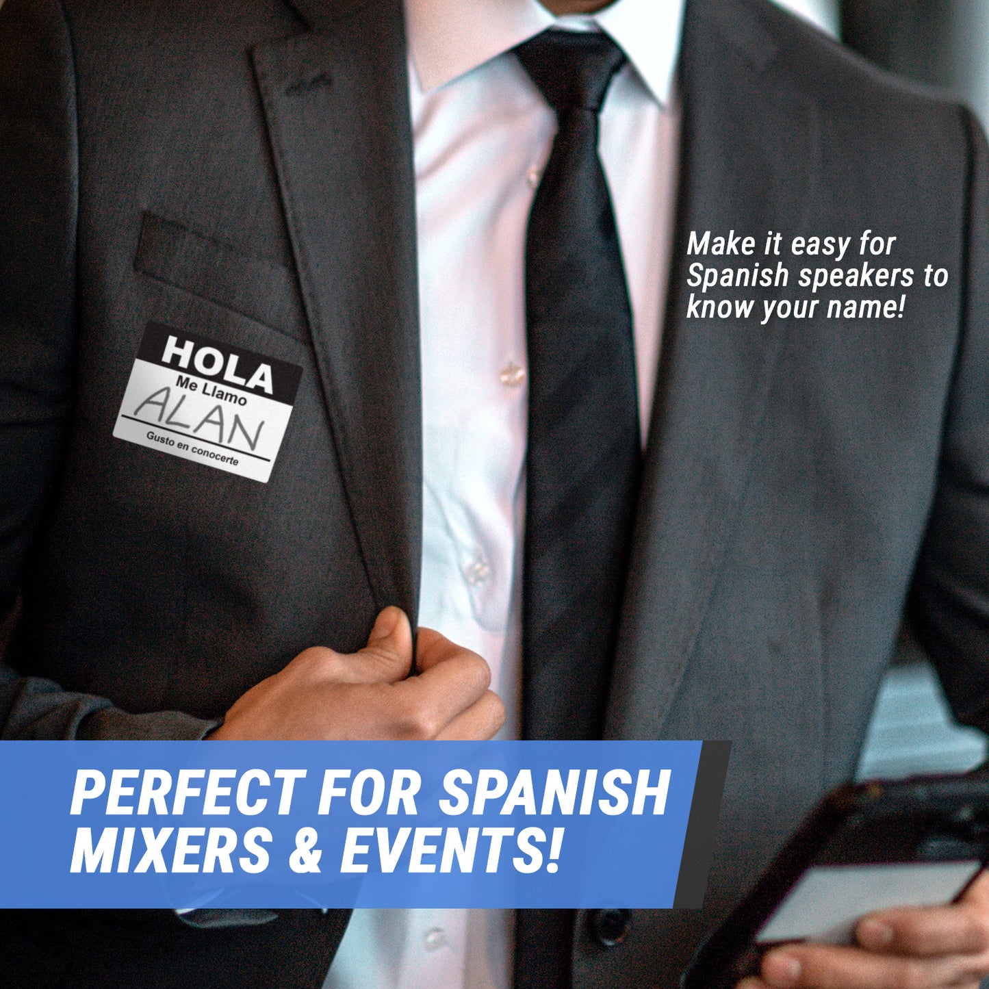 4 x 2.31in Sticker: Hola Me Llamo Spanish Name Tag (Black)