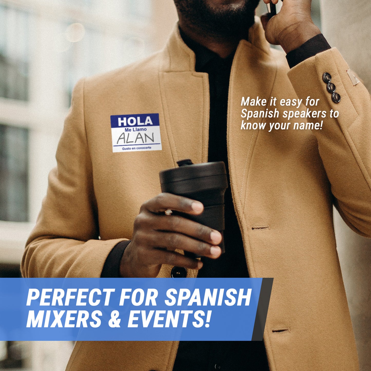 4 x 2.31in Sticker: Hola Me Llamo Spanish Name Tag (Blue)