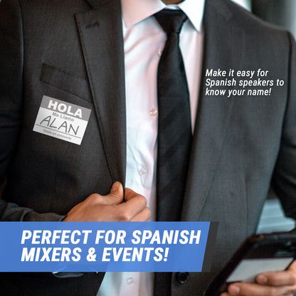 4 x 2.31in Sticker: Hola Me Llamo Spanish Name Tag (Grey)