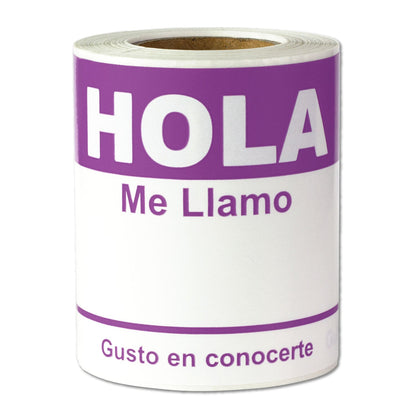 4 x 2.31in Sticker: Hola Me Llamo Spanish Name Tag (Purple)