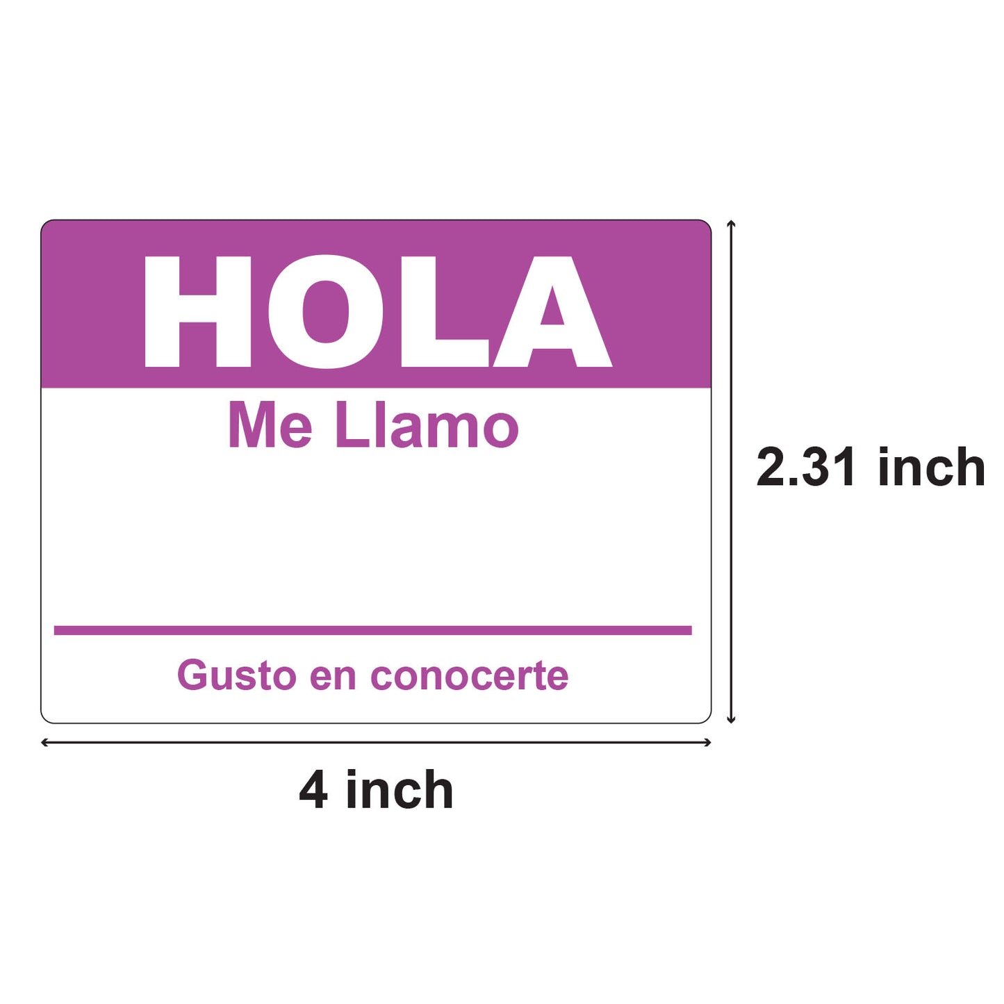 4 x 2.31in Sticker: Hola Me Llamo Spanish Name Tag (Purple)