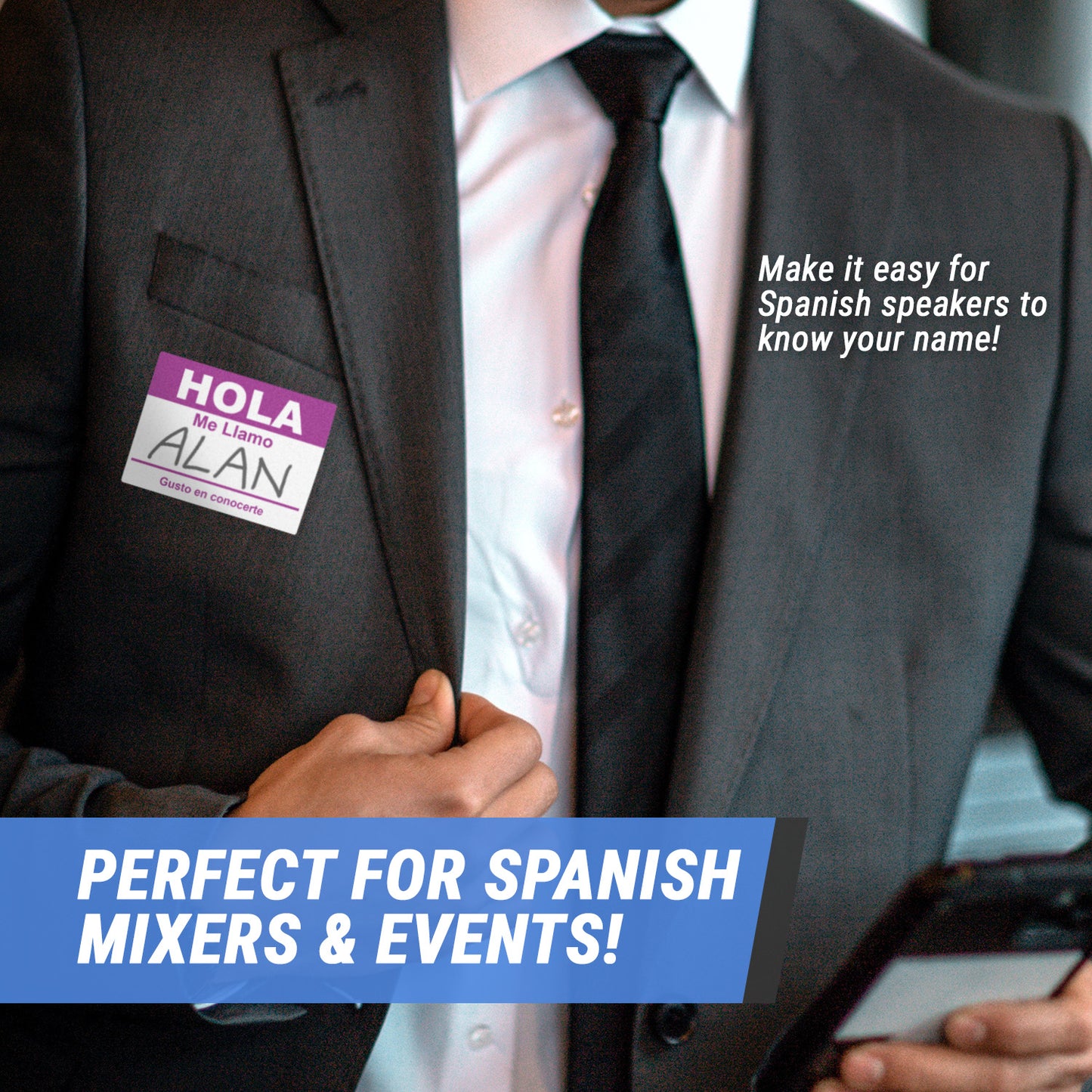 4 x 2.31in Sticker: Hola Me Llamo Spanish Name Tag (Purple)