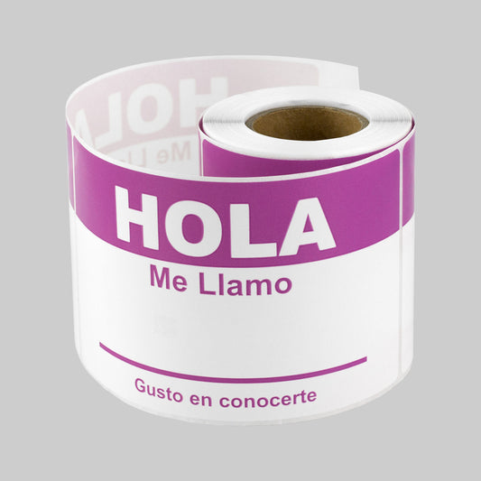 4 x 2.31in Sticker: Hola Me Llamo Spanish Name Tag (Purple)