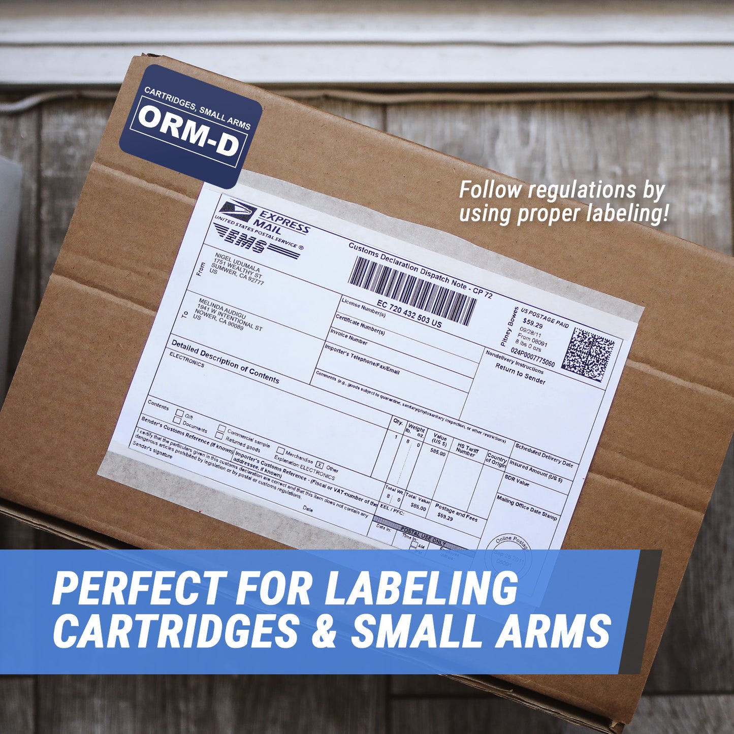 2 x 1.5in Sticker: ORM-D Cartridges, Small Arms Label