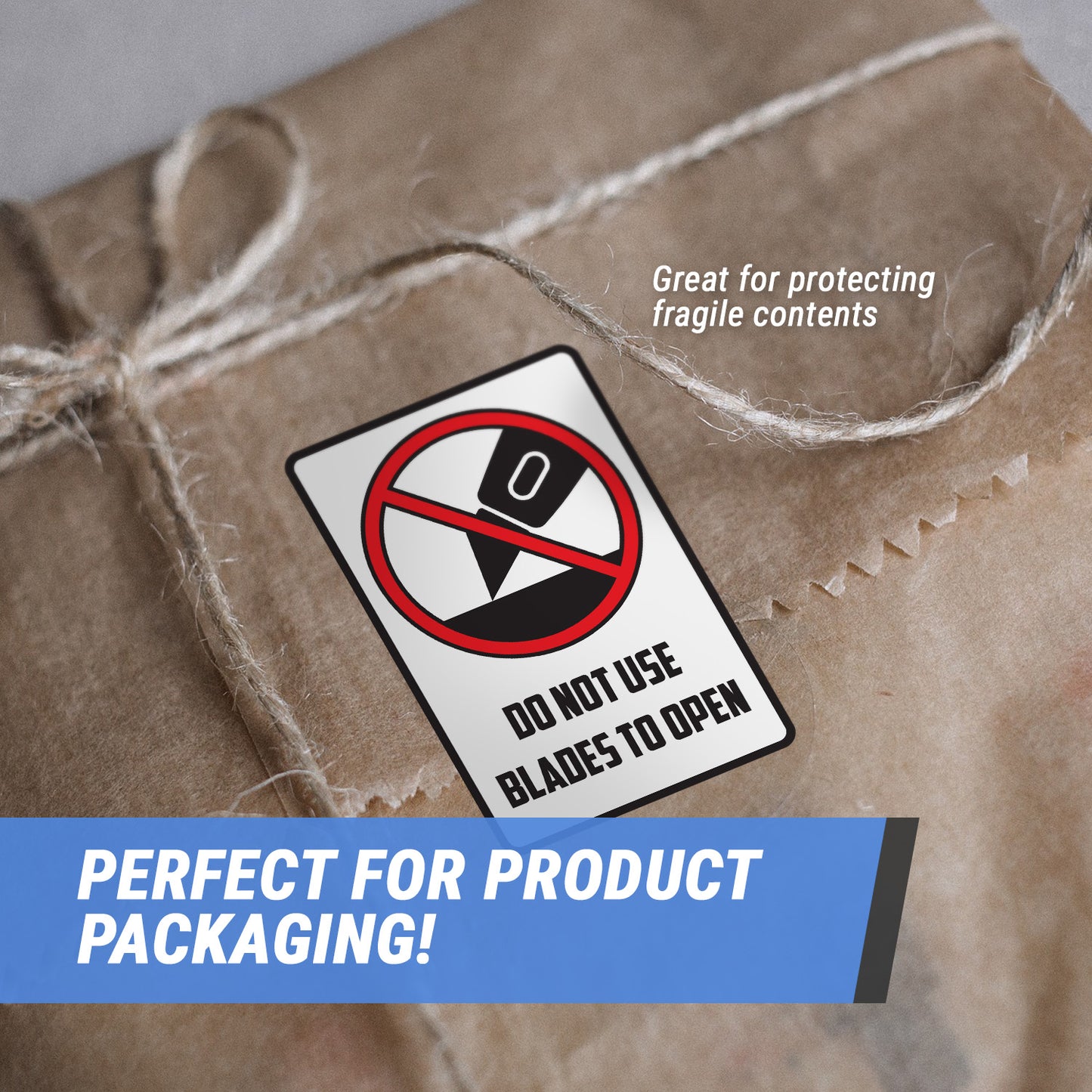 2 x 3in Sticker: Do Not Use Blades to Open (Warning Label)
