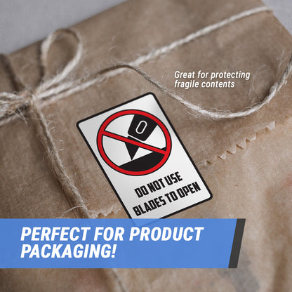 2 x 3in Sticker: Do Not Use Blades to Open (Warning Label)