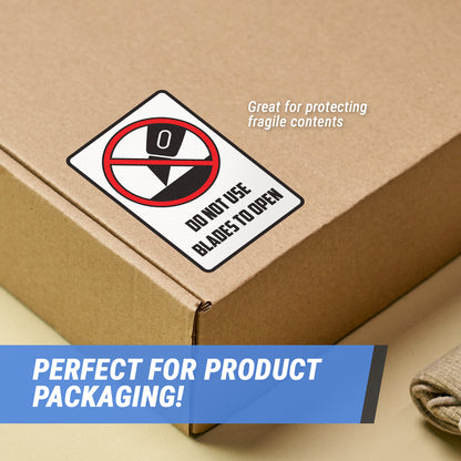 2 x 3in Sticker: Do Not Use Blades to Open (Warning Label)
