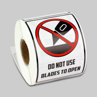 2 x 3in Sticker: Do Not Use Blades to Open (Warning Label)