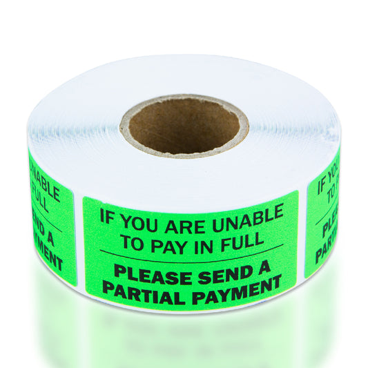 2 x 1in Sticker: Please Send Partial Payment Accounting Label Roll (Green)