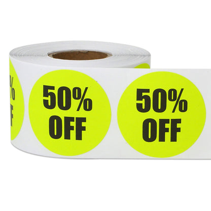 1.5in Sticker: 50 Percent Off Retail Label Roll (Yellow)