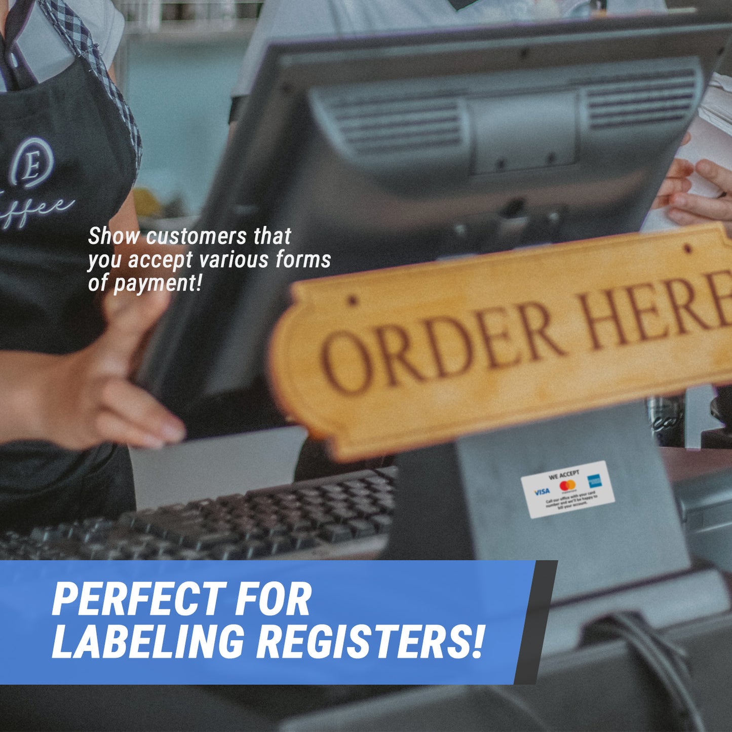 2 x 1in Sticker: We Accept Visa, Mastercard & Amex Retail Label Roll