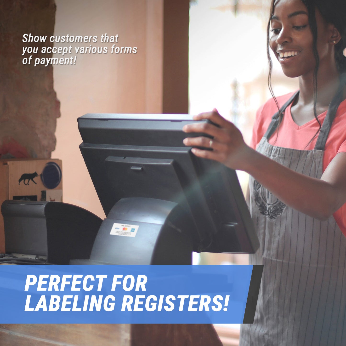 2 x 1in Sticker: We Accept Visa, Mastercard & Amex Retail Label Roll
