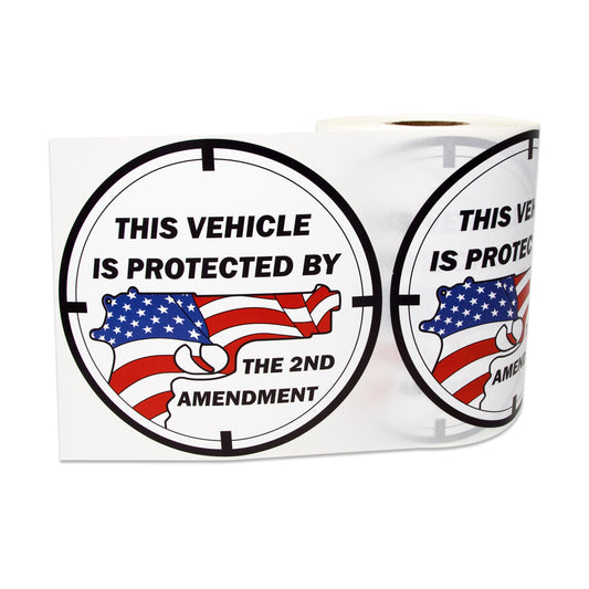 4in Round Sticker: Vehicle Protected by 2nd Amendment Label Roll