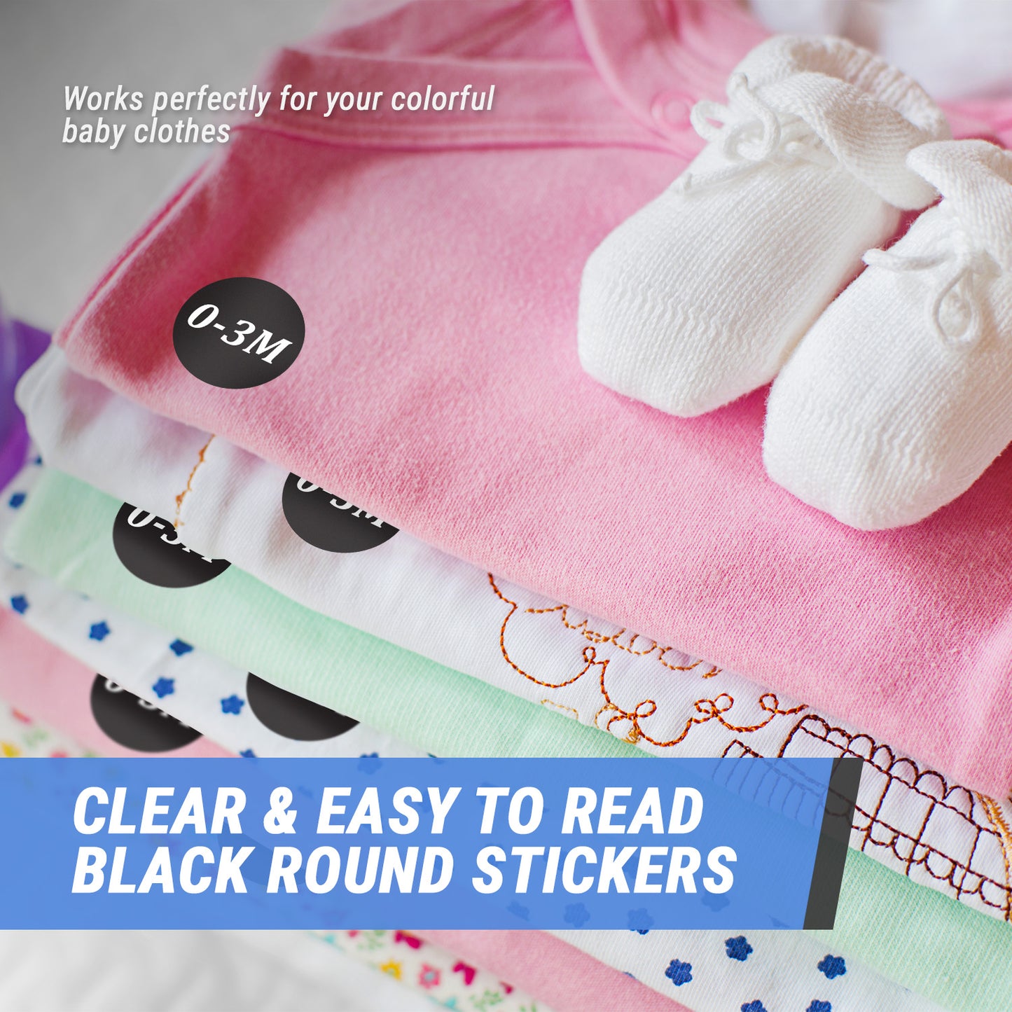 1.25in Sticker: Baby Clothing 0 to 3 Months Label Roll (Size 0-3M, Black)