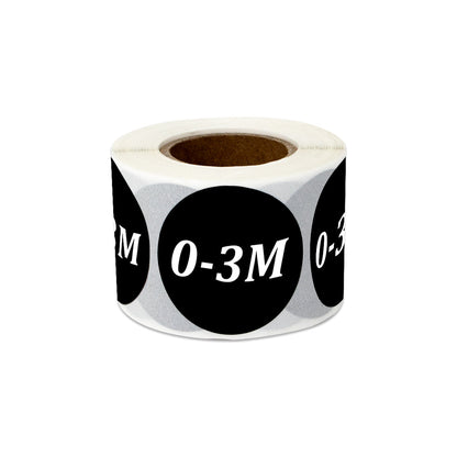 1.25in Sticker: Baby Clothing 0 to 3 Months Label Roll (Size 0-3M, Black)