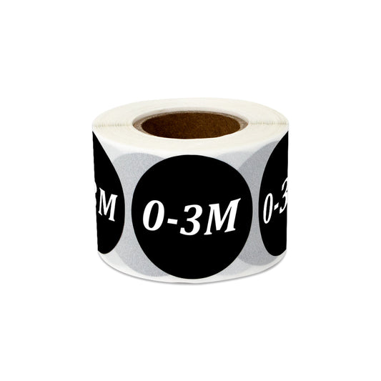 1.25in Sticker: Baby Clothing 0 to 3 Months Label Roll (Size 0-3M, Black)