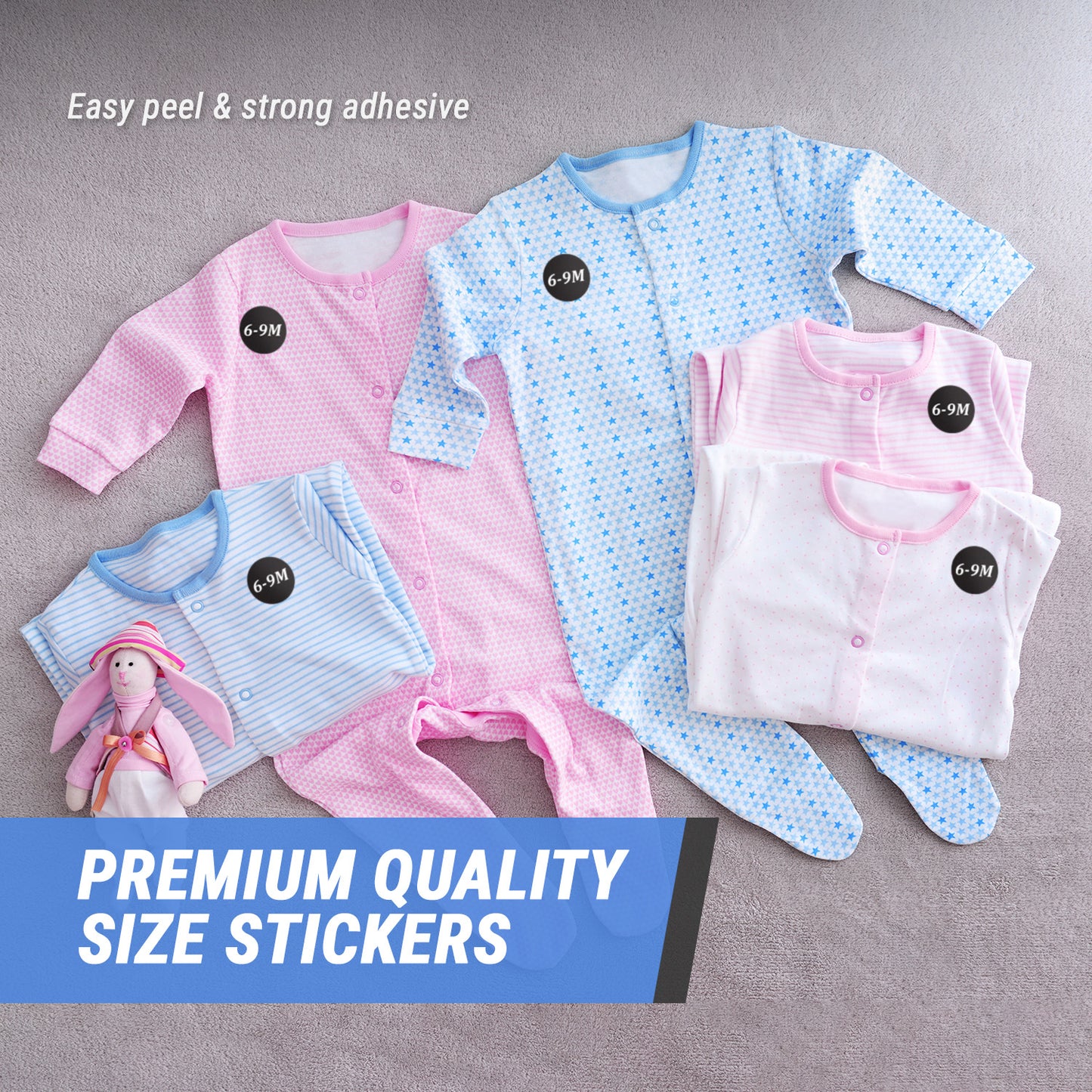 1.25in Sticker: Baby Clothing 6 to 9 Months Label Roll (Size 6-9M, Black)