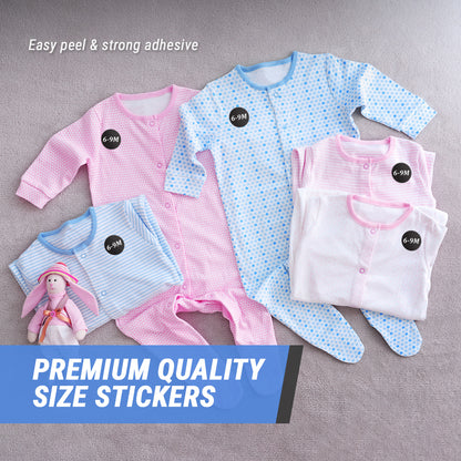 1.25in Sticker: Baby Clothing 6 to 9 Months Label Roll (Size 6-9M, Black)