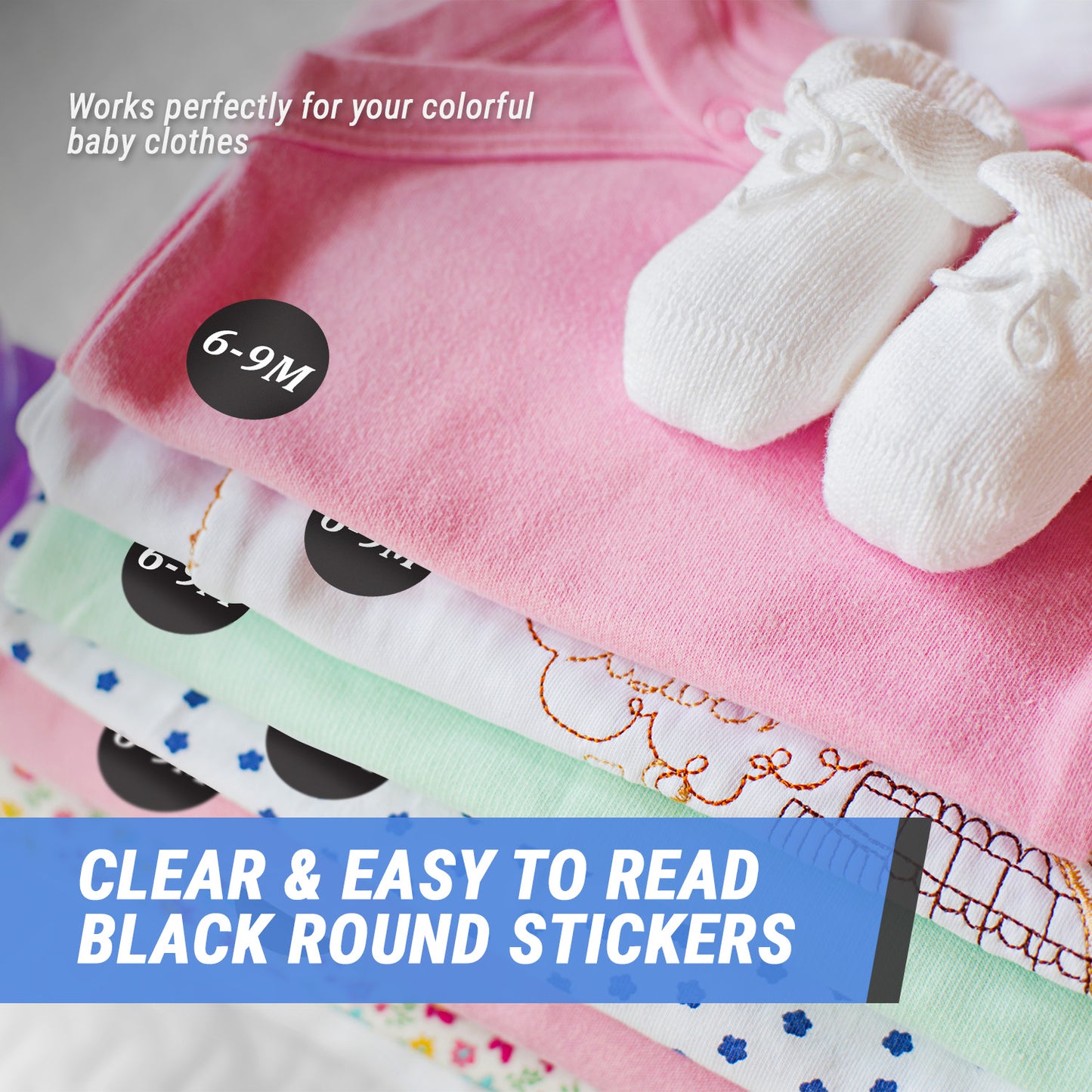 1.25in Sticker: Baby Clothing 6 to 9 Months Label Roll (Size 6-9M, Black)