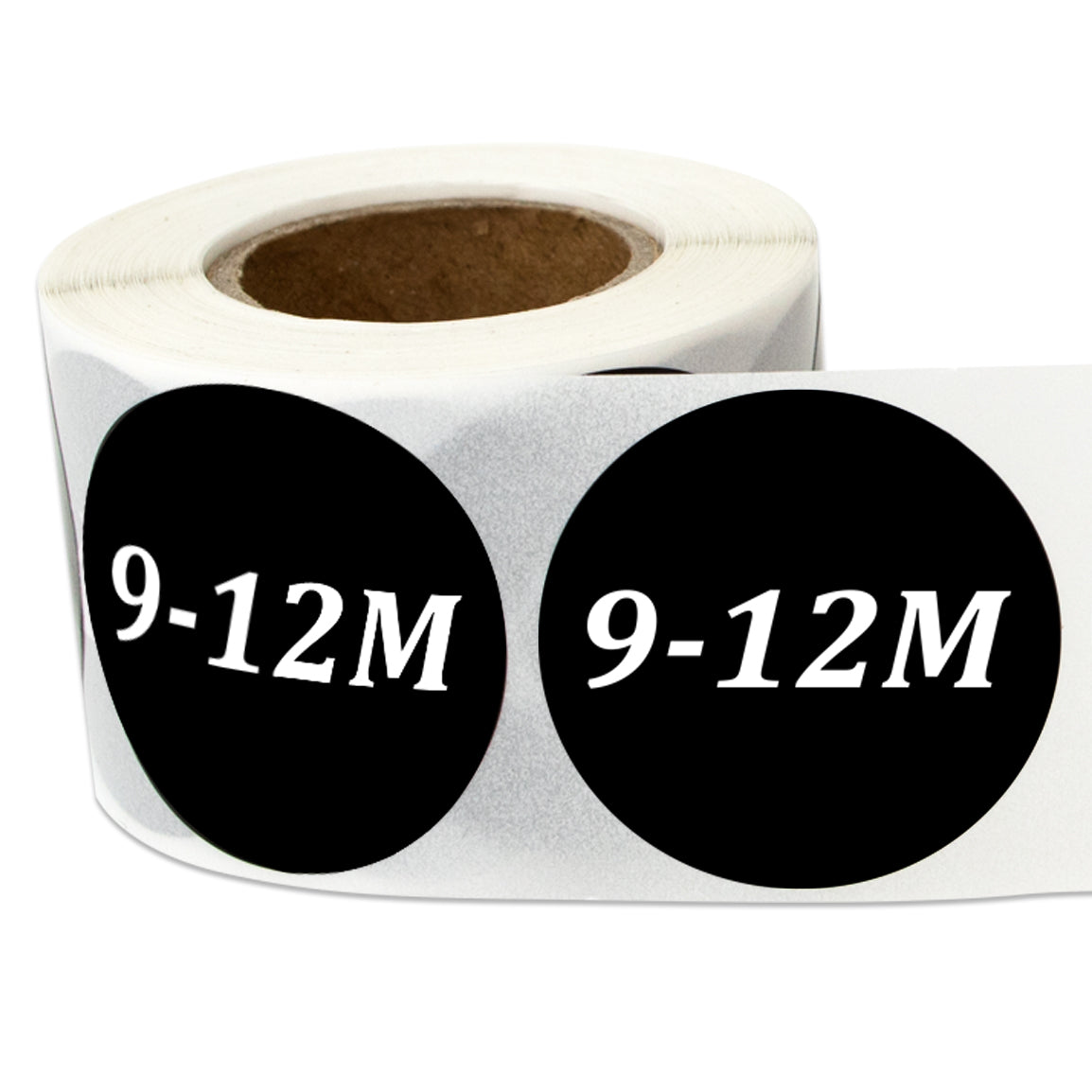 1.25in Sticker: Baby Clothing 9 to 12 Months Label Roll (Size 9-12M, Black)