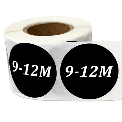 1.25in Sticker: Baby Clothing 9 to 12 Months Label Roll (Size 9-12M, Black)